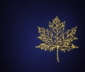 2d golden neon maple leaf in chip shape on dark blue background. Autumn laconic, technological leaf on dark.