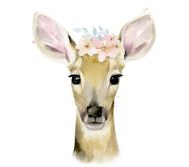 Flower watercolour deer illustration. Woodland Animal isolated on white background.