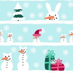 Winter seamless snowman and snowflakes pattern for Christmas wrapping paper and kids notebooks