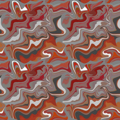 Abstract liquid seamless pattern. Orange, gray, red and white fluid shapes, curves, swirls. Marbled stone texture