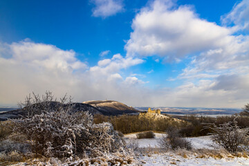 Palava winter landscape with Sirotci hradek ruins, Southern Moravia, Czech Republic