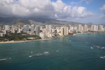 Aerial view of Honolulu, Hawaii with Waikiki Beach and Diamond Head in the background
