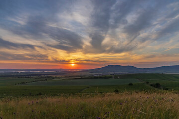 Fototapeta premium Sunrise in vineyards under Palava, Southern Moravia, Czech Republic