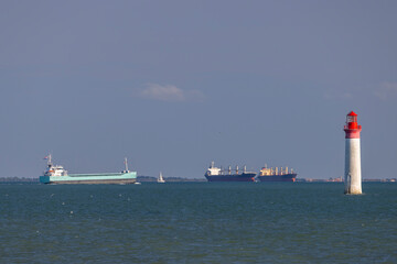 Phare de Chauvea near Ile de Re with ships to La Rochelle, Pays de la Loire, France