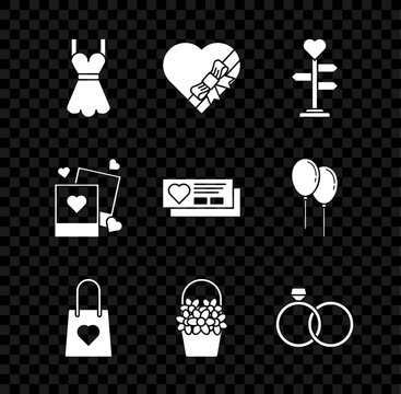 Set Woman dress, Candy in heart shaped box and bow, Signpost with, Shopping bag, Flowers basket, Wedding rings, Two blanks photo frames hearts and Ticket icon. Vector
