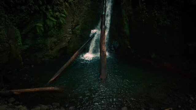 Salto do Cagarrao Waterfall. Epic waterfall hidden on Prego river. Sao Miguel Island, Azores, Portugal