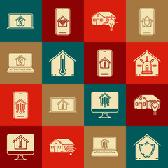 Set House under protection, Smart house and light bulb, alarm, temperature, Laptop with smart, and Mobile phone icon. Vector