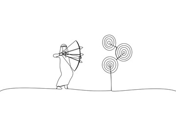 Drawing of arab businessman aiming multiple bows on three targets. Metaphor for multitasking or multiple purpose strategy, aiming for many targets or goal. Single line art style