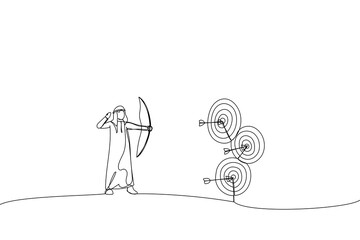 Illustration of arab businessman doing a perfect hit arrow target practice. One line art style