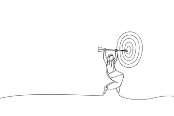 Drawing of arab businessman holds arrow that hit target or bullseye.  Metaphor for target market. Single line art style