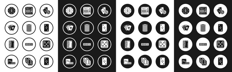 Set Playing cards and glass of whiskey with ice cubes, Casino chips, dollar symbol, diamonds, Online slot machine lucky sevens jackpot, Game dice and Deck playing icon. Vector