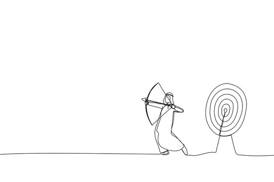 recommend clip art: Illustration of blindfold arab businessman look for target in wrong direction. One continuous line art style