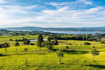 Meadow landscape with a view of Lake Zurich - Schindellegi, Switzerland