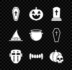 Set Coffin with christian cross, Pumpkin, Tombstone, Hockey mask, Vampire teeth, and skull, Witch hat and Halloween witch cauldron icon. Vector