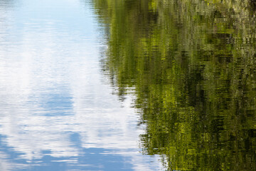 green trees, blue sky and clouds reflecting in the water