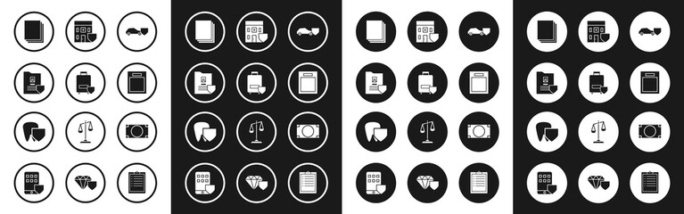 Set Car with shield, Traveling baggage insurance, Document, Clean paper, Empty form, Medical hospital building, Stacks money cash and Tooth icon. Vector