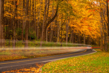 Long exposure of traffic in Smoky Mountains at autumn