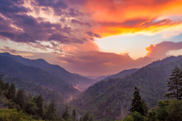 Fototapeta na wymiar Dramatic skies at sunset over the Morton Overlook in the Smoky Mountains
