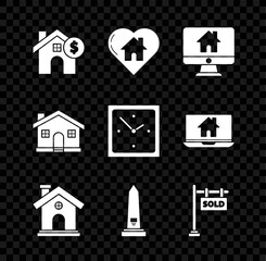 Set House with dollar symbol, heart shape, Computer monitor smart home, Washington monument, Hanging sign text Sold, and Clock icon. Vector