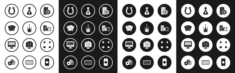 Set Casino chip with dollar, Crown, Playing card diamonds, Horseshoe, chips and stacks money cash, Money bag, cards and Online slot machine lucky sevens jackpot icon. Vector