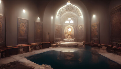 Ancient interior Turkish bath, frescoes on the walls, baths, oriental lanterns. Fantasy Turkish palace interior. 3D illustration. - obrazy, fototapety, plakaty