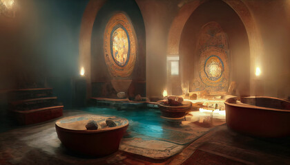 Ancient interior Turkish bath, frescoes on the walls, baths, oriental lanterns. Fantasy Turkish palace interior. 3D illustration.