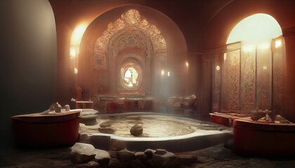 Ancient interior Turkish bath, frescoes on the walls, baths, oriental lanterns. Fantasy Turkish palace interior. 3D illustration. - obrazy, fototapety, plakaty
