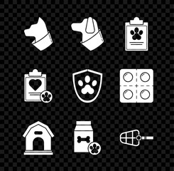 Set Cat, Dog, Clipboard with medical clinical record pet, house, Bag of food for, muzzle, and Animal health insurance icon. Vector