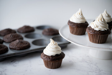 chocolate cupcake with white icing on white background