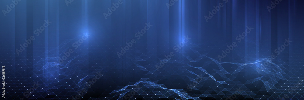 Poster abstract blue background. dark low poly triangle pattern. virtual computer landscape. technology sty