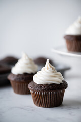 chocolate cupcake with white icing on white background