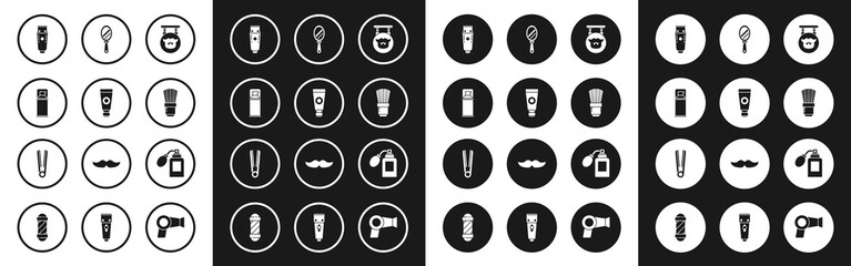 Set Barbershop, Cream or lotion cosmetic tube, Shaving gel foam, Electrical hair clipper shaver, brush, Hand mirror, Aftershave bottle with atomizer and Curling iron for icon. Vector