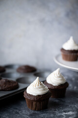 chocolate cupcake with white icing on dark background