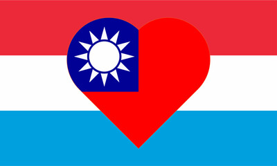 The flag of Taiwan in the form of a heart on the flag of Luxembourg. Allied support for Taiwan. Flat double flag - illustration.