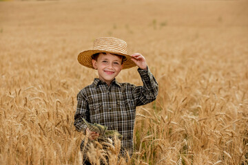 Naklejka na ściany i meble A smiling little farmer boy in a plaid shirt and straw hat poses for a photo in a wheat field. Heir of farmers