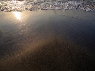 Wet sand of the beach in the rays of the setting sun. The silence of the wild beach. Natural background. Black sand in the sun close-up. Quiet place. Edge of the coast. Bathing place.