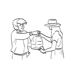 food delivery rider with helmet picks the food for woman illustration vector hand drawn isolated on white background line art.