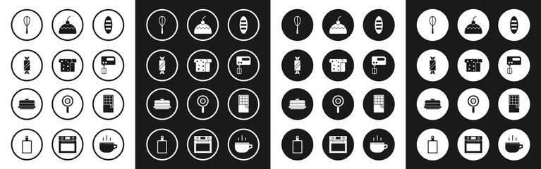 Set Bread loaf, toast, Candy, Kitchen whisk, Electric mixer, Cake, Chocolate bar and icon. Vector