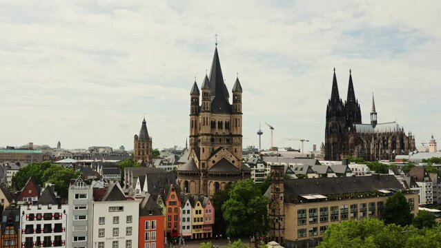 Panoramic bird's eye view of the historic center of Cologne. Drone view of St. Peter's Cathedral.
