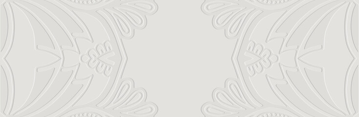 Banner, cover design. Embossed ethnic abstract 3D pattern on a white background, paper press. Folk traditional ornaments of the East, Asia, India, Mexico, Aztecs, Peru.
