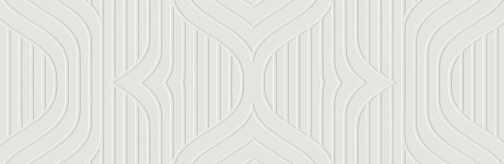 Banner, cover design. Embossed ethnic elegant 3d pattern of stripes and lines on a white background, art deco style, paper press. Tribal geometric ideas for websites, presentations.
