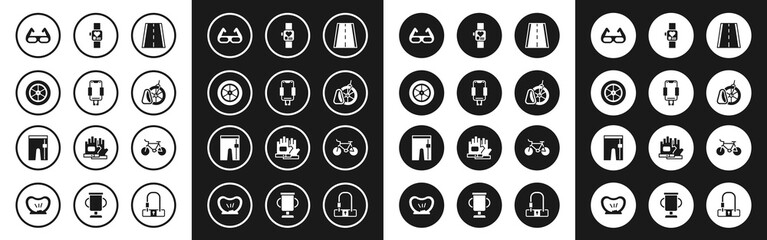 Set Bicycle lane, Mobile holder, wheel, Sport cycling sunglasses, parking, Smart watch, and Cycling shorts icon. Vector