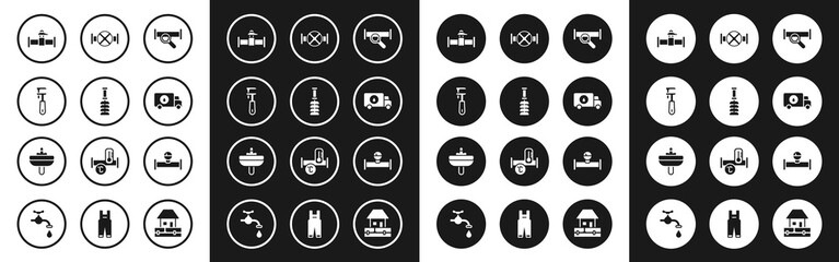 Set Industry metallic pipe, Toilet brush, Pipe adjustable wrench, and valve, Plumber service car, manometer and Washbasin icon. Vector