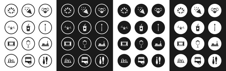 Set Monkey, Paper glass with water, Seesaw, Hand holding playing cards, Magic wand, Festive confetti, Bumper and Circus ticket icon. Vector