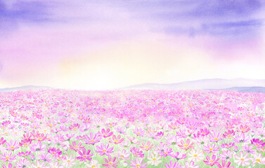 Fototapeta premium Watercolor painting of fantastic cosmos fields landscape