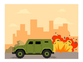 Military jeep driving through the streets that are currently going on war. Bomb explosion destroys the city. War vector illustration	.