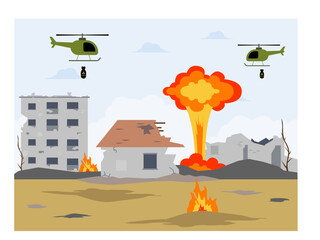 Military helicopters dropping bombs. Atomic and nuclear bombs are weapons of war. War vector illustration	