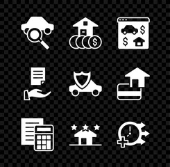 Set Car sharing, House with dollar, Online real estate, Calculator, Real, Clock, contract and shield icon. Vector