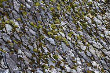 Natural grey  stone slab with green moss, background
