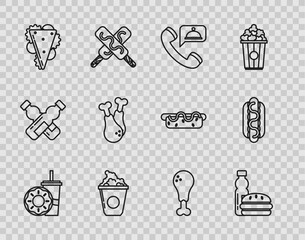 Set line Paper glass with drinking straw and donut, Bottle of water burger, Food ordering, Popcorn cardboard box, Sandwich, Chicken leg, and Hotdog sandwich mustard icon. Vector